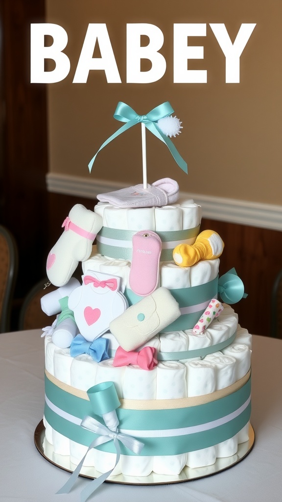 A beautifully designed diaper cake for a baby boy shower featuring diapers, ribbons, and baby accessories.