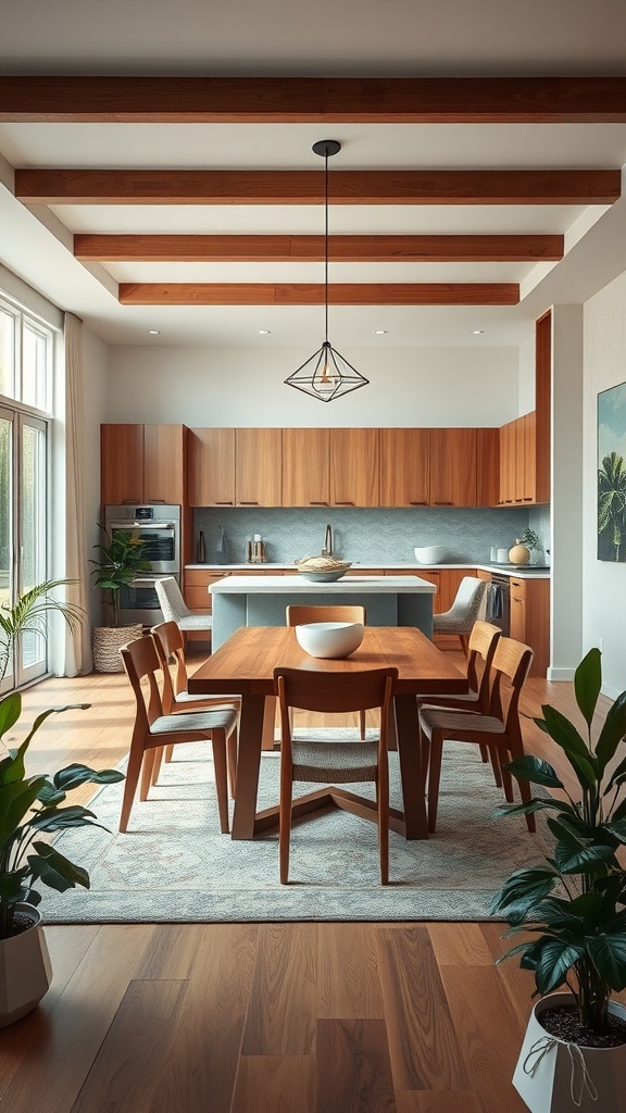 A dining area integrated with the kitchen, featuring a wooden table and plants.