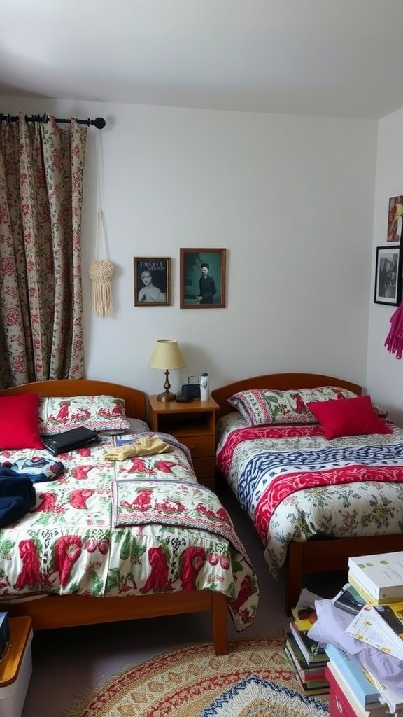 A shared bedroom with two beds, featuring diverse textiles and patterns in vibrant colors.