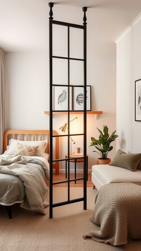 A small shared bedroom divided by a stylish black room divider