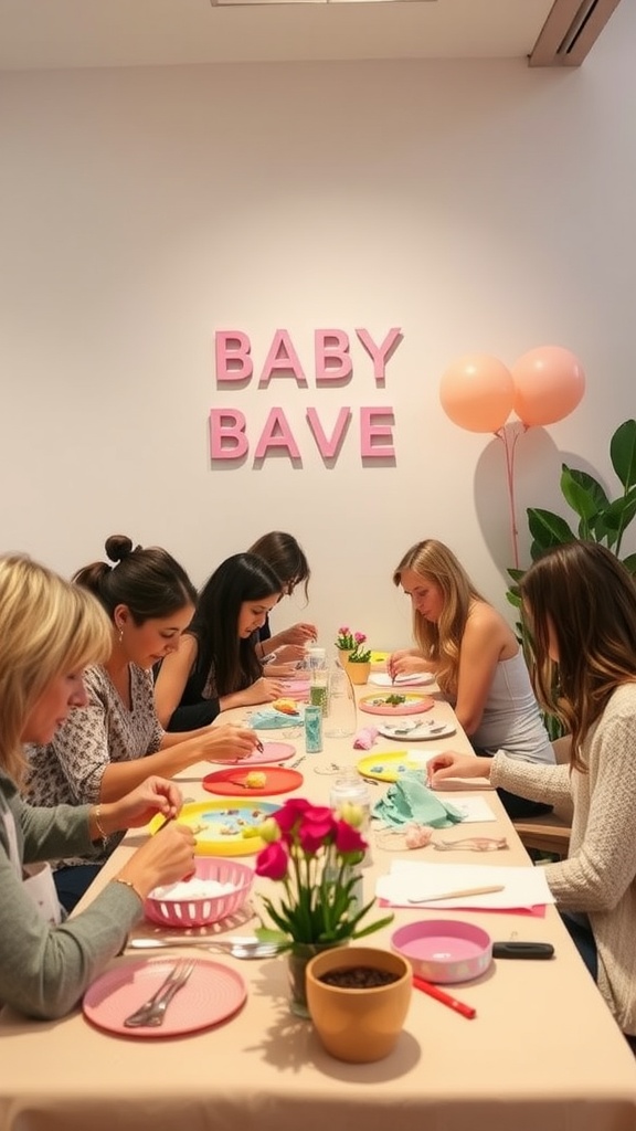 A group of women working on DIY crafts for a baby shower with a cheerful setting.