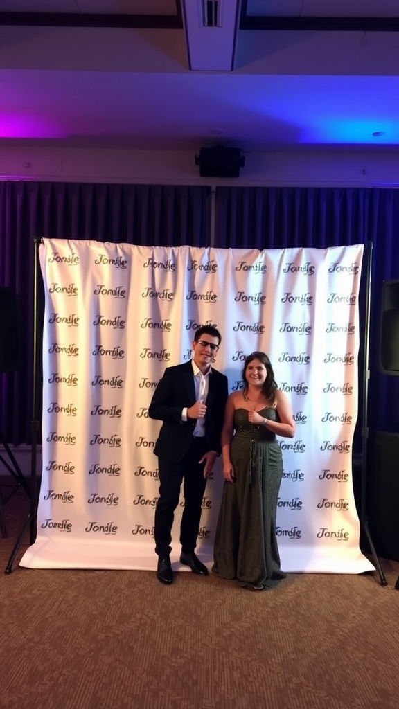 A couple posing in front of a branded photo booth backdrop at an event.