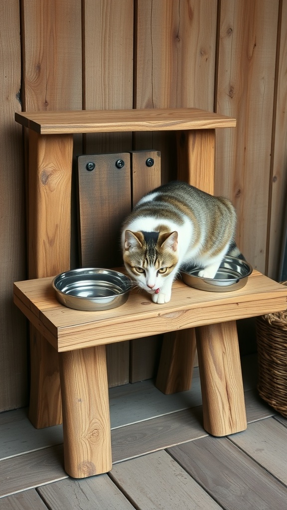 A cat sitting on a wooden feeding station with two stainless steel bowls.