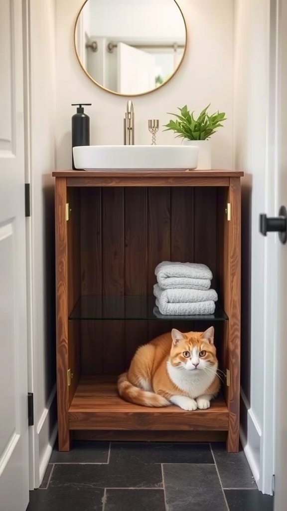 A cozy wooden cabinet serving as a cat litter box enclosure, with an orange cat resting inside.