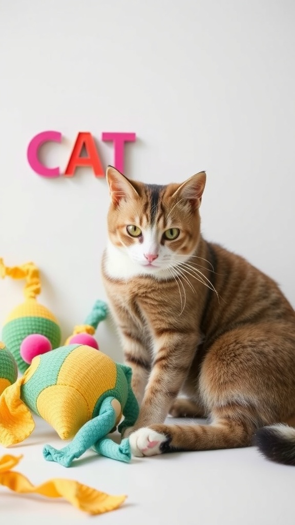 A cat sitting next to colorful DIY catnip toys made from recycled fabric.