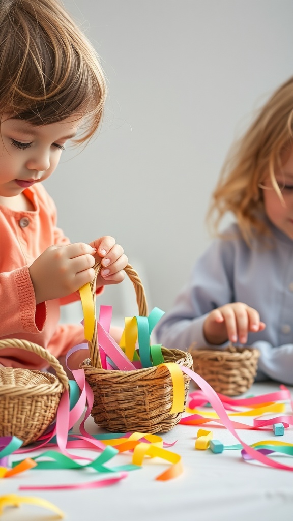 Two children weaving colorful strips into small Easter baskets.