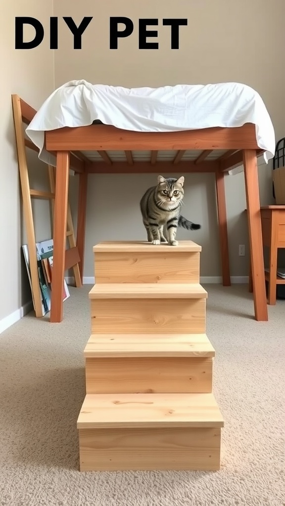 A cat standing on DIY wooden pet stairs leading to a bed