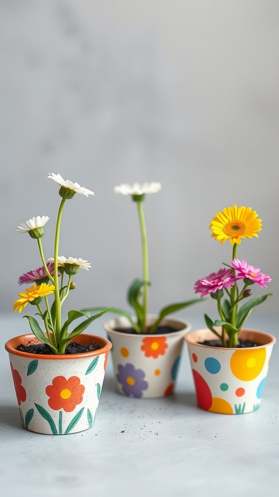 Colorful DIY plant pots with flowers in them on a light background