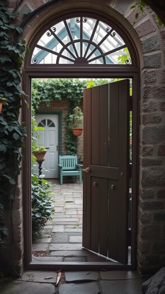 A charming doorway leading to a serene garden with stone path and cozy seating.