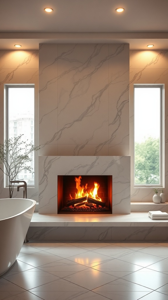 A chic bathroom featuring a double-sided fireplace with flames, large windows, and a modern bathtub.