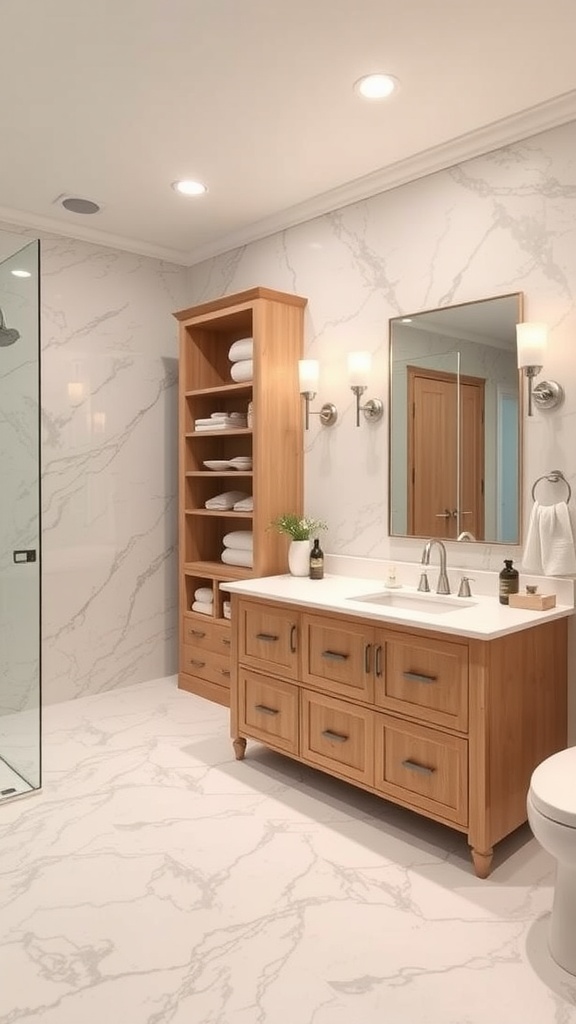 A modern ensuite bathroom featuring a double vanity with a wooden finish and storage shelves.