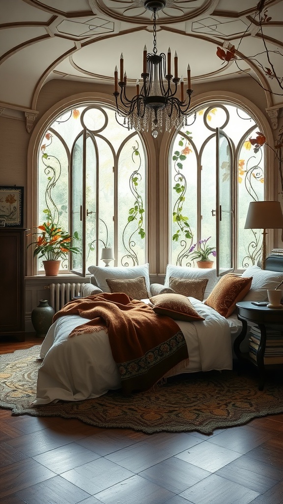 A cozy bedroom with large, ornate windows, a plush bed with warm-toned blankets, and an elegant chandelier.