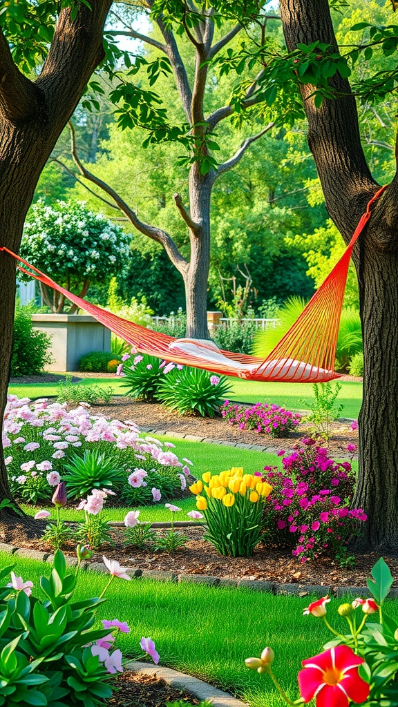 Cozy hammock between trees in a colorful garden with blooming flowers