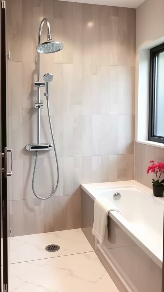 A small bathroom featuring a dual function shower and bathtub combo, with a sleek design and neutral tones.