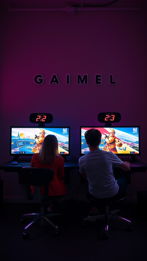 Two gaming stations with monitors and gaming chairs for couples