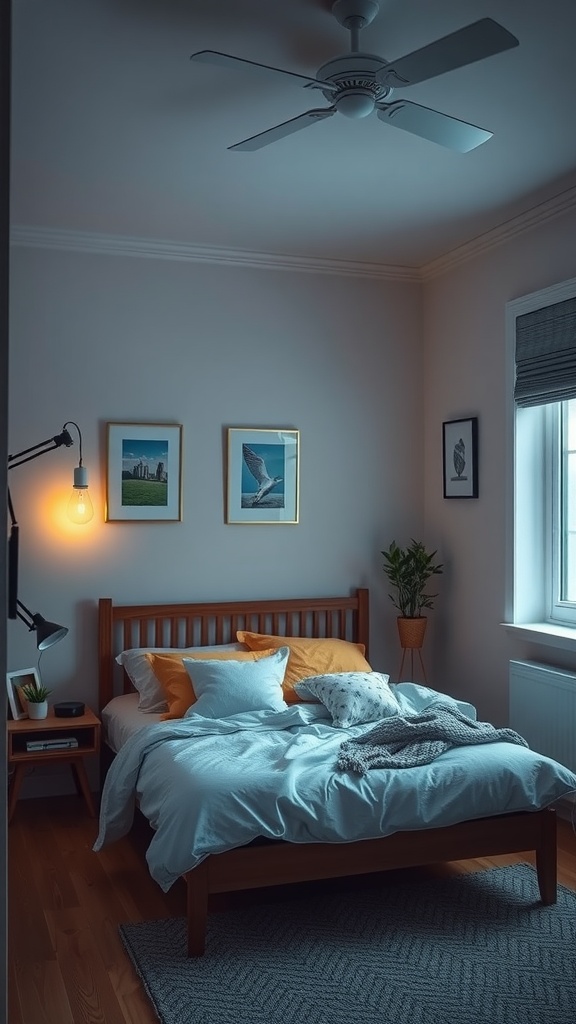 A cozy small bedroom for two sisters with dual lighting options including a hanging bulb and a bedside lamp.