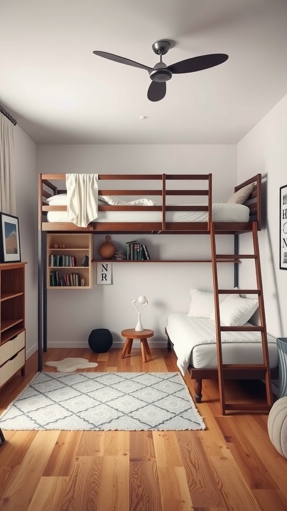 A room with dual loft beds, featuring a wooden frame, a cozy rug, and a small table with a lamp.