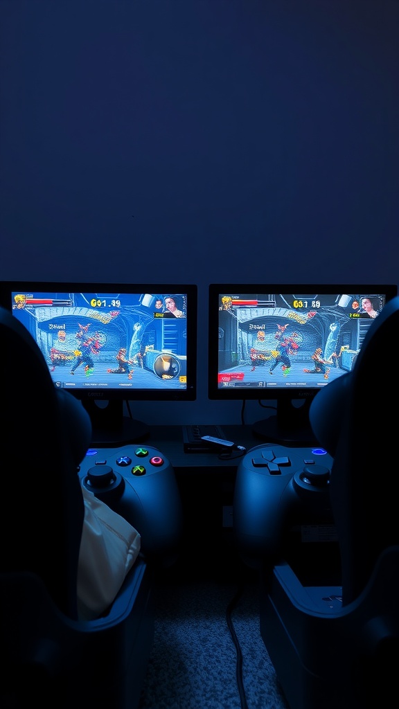 A cozy gaming setup featuring two monitors displaying a game, with controllers ready for play.