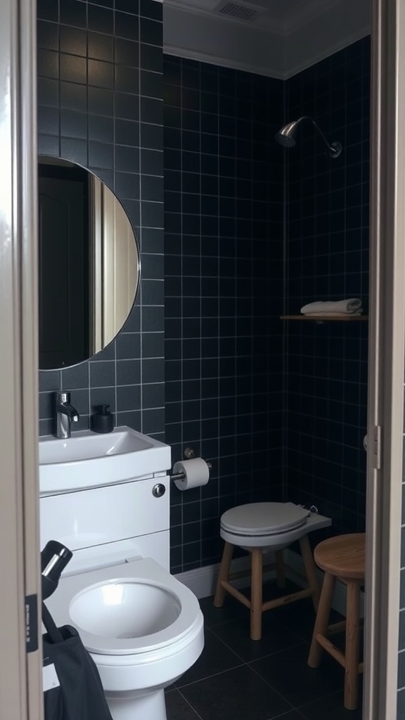 A small dark bathroom featuring a compact sink, a round mirror, a wooden stool, and dark tiled walls.