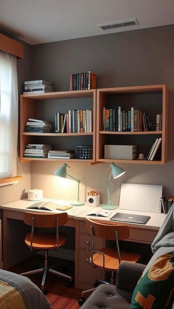 A shared bedroom workspace featuring two study nooks with desks, chairs, and shelves full of books.