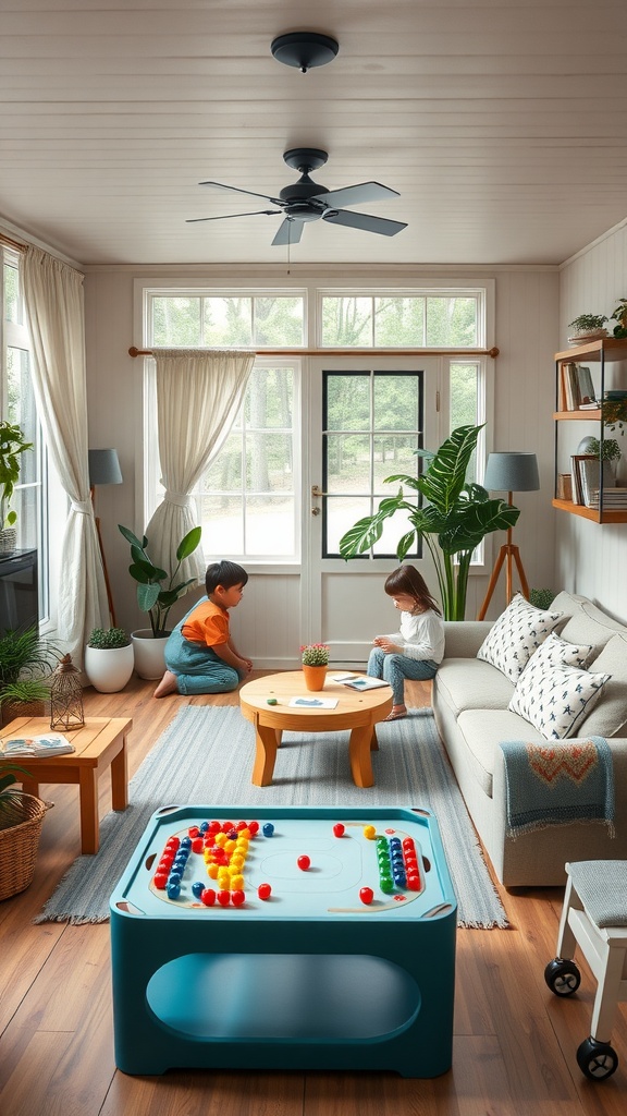 A cozy living room in a mobile home with children playing at a colorful activity table.