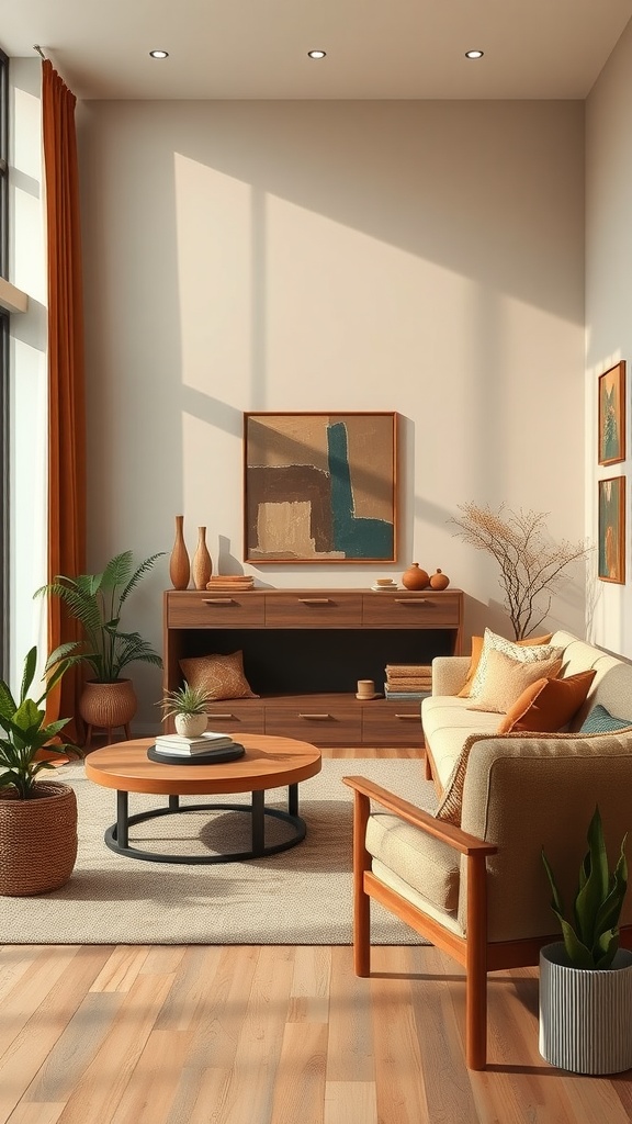 A cozy living room with an earthy color palette featuring beige walls, wooden furniture, orange curtains, and green plants.