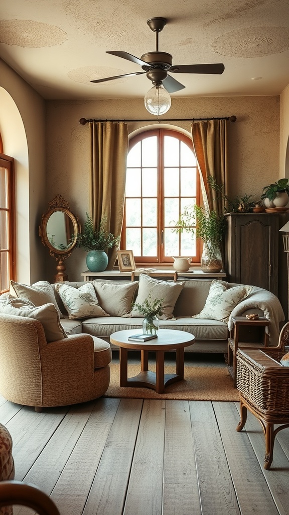 A cozy living room featuring an earthy color palette with a light-colored sofa, woven chair, and natural light.