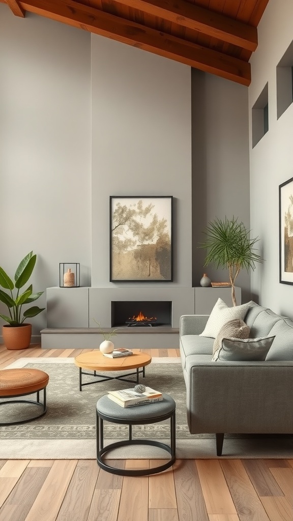 A modern boho living room featuring earthy color palettes with gray walls, wooden beams, and cozy furniture.