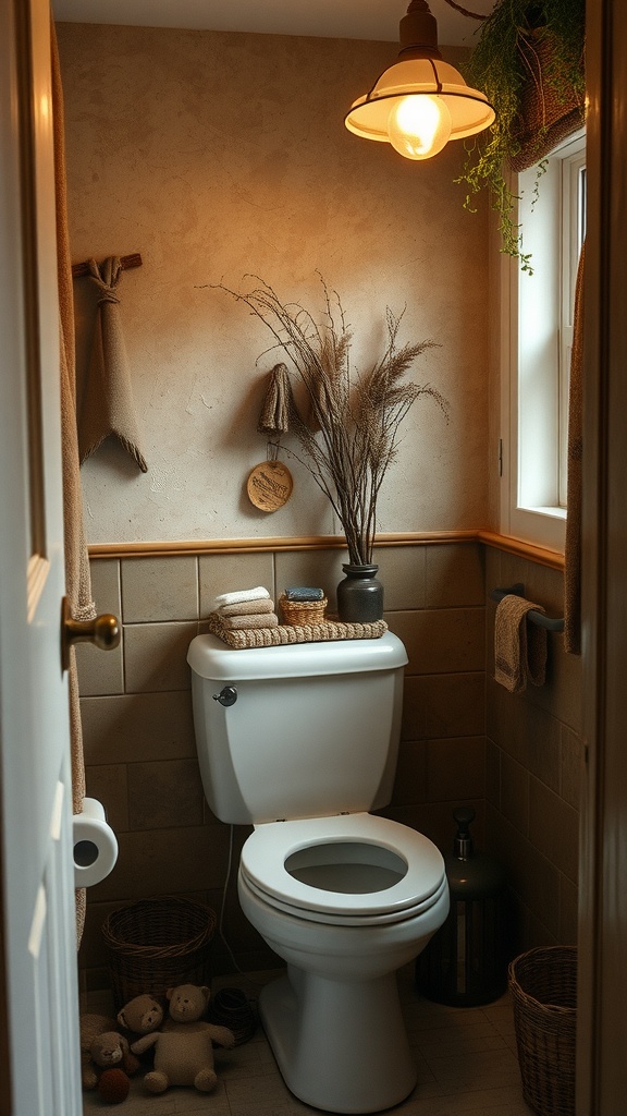 A small minimalist bathroom featuring earthy tones with a cozy and inviting atmosphere.