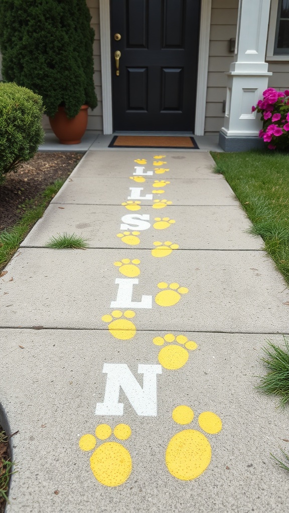 Yellow bunny footprints leading to a door