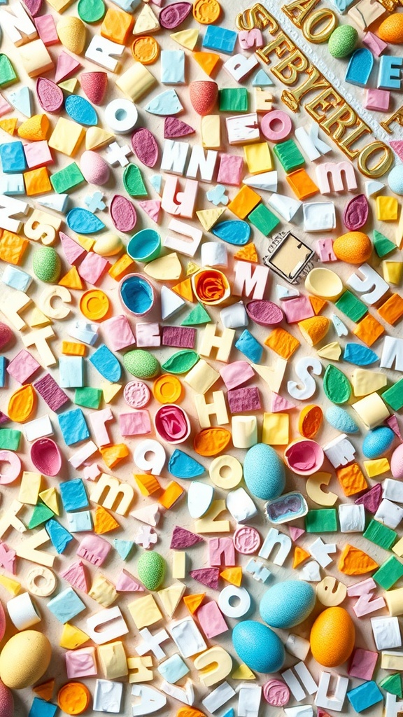 A colorful assortment of shapes, letters, and mini eggs for Easter crafts.