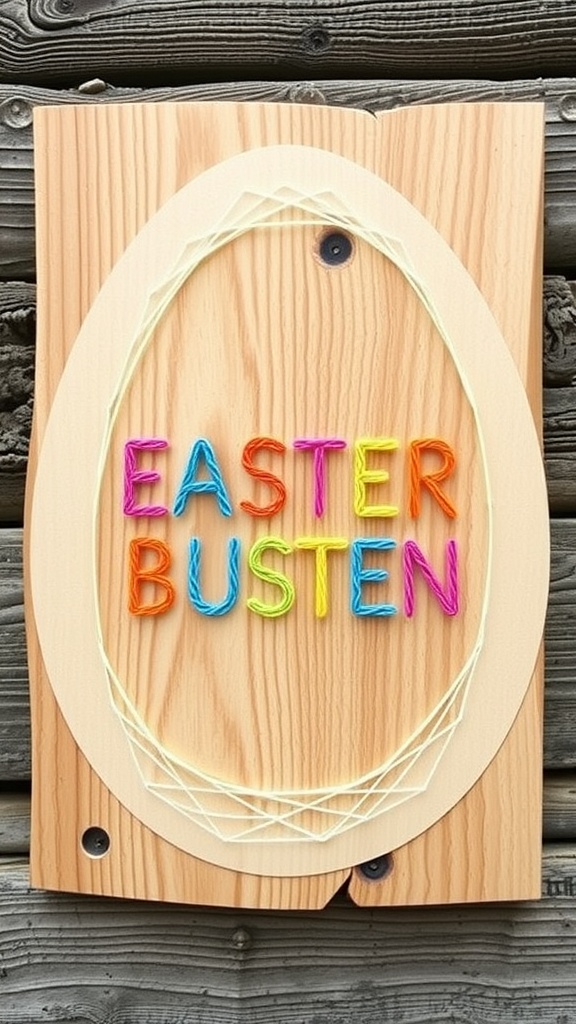 Colorful Easter Egg String Art on a wooden board with the words 'EASTER BUSTEN'.