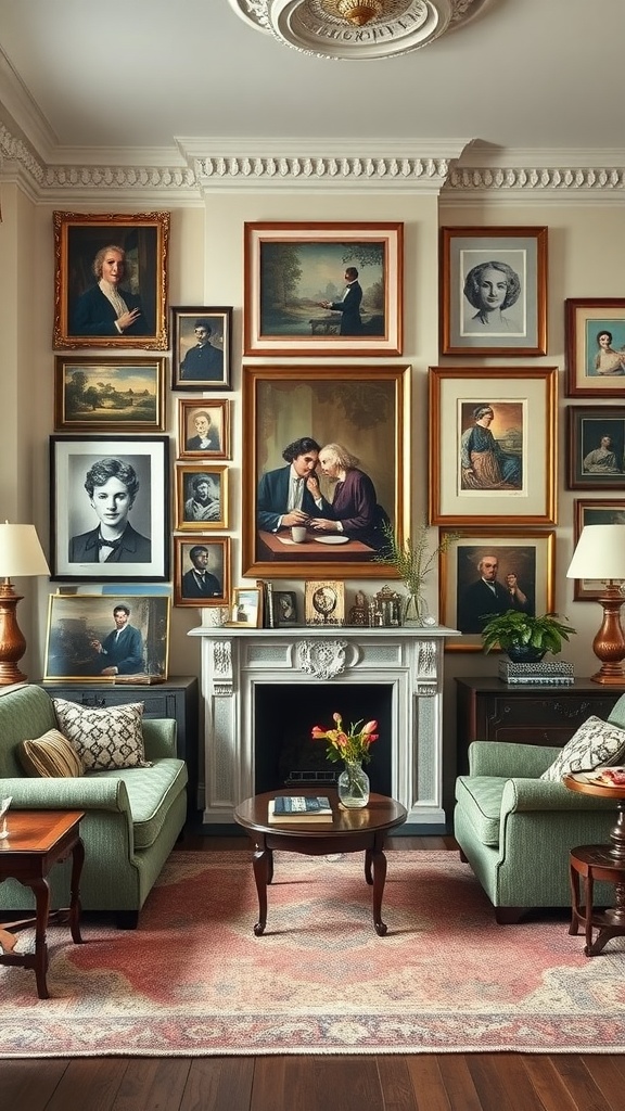 Eclectic art collections filling the walls of an old English living room with vintage furniture