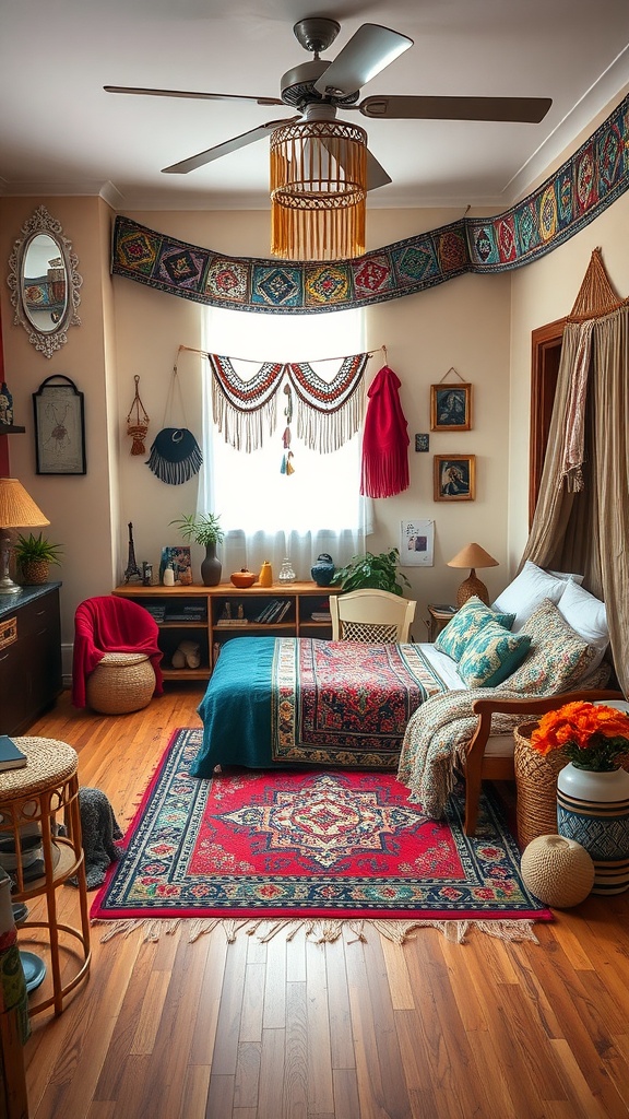 A cozy bedroom featuring eclectic bohemian style with colorful rugs, layered bedding, and unique decor.