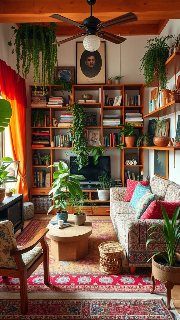 Cozy living room with eclectic bohemian decor featuring plants, colorful pillows, and bookshelves.