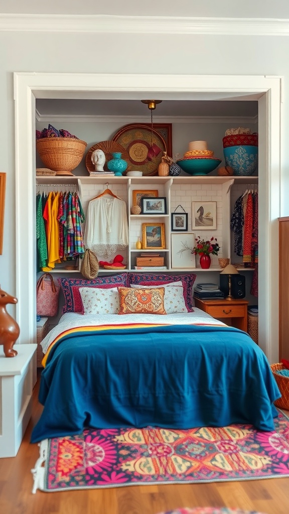 Eclectic boho wardrobe with colorful clothes and decorative items