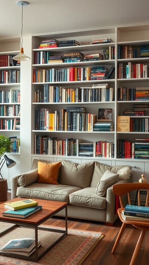 Cozy living room with an eclectic book collection on shelves, featuring a comfortable sofa and wooden coffee table.