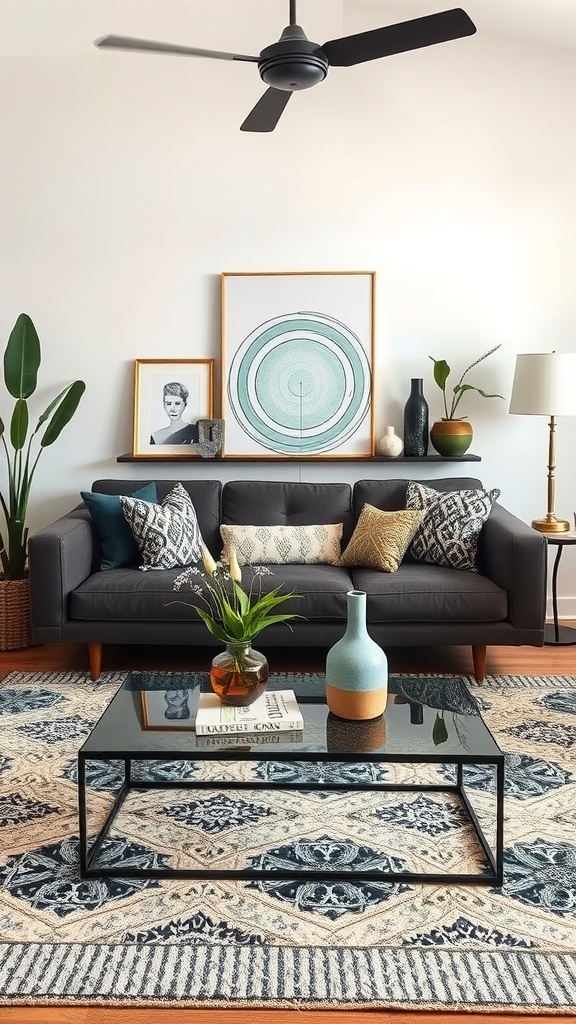 A modern boho living room featuring an eclectic coffee table arrangement with a glass tabletop, decorative vases, and an area rug.