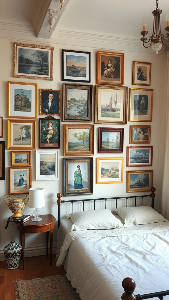 A cozy French cottage bedroom with an eclectic gallery wall filled with various framed artworks above a simple bed.