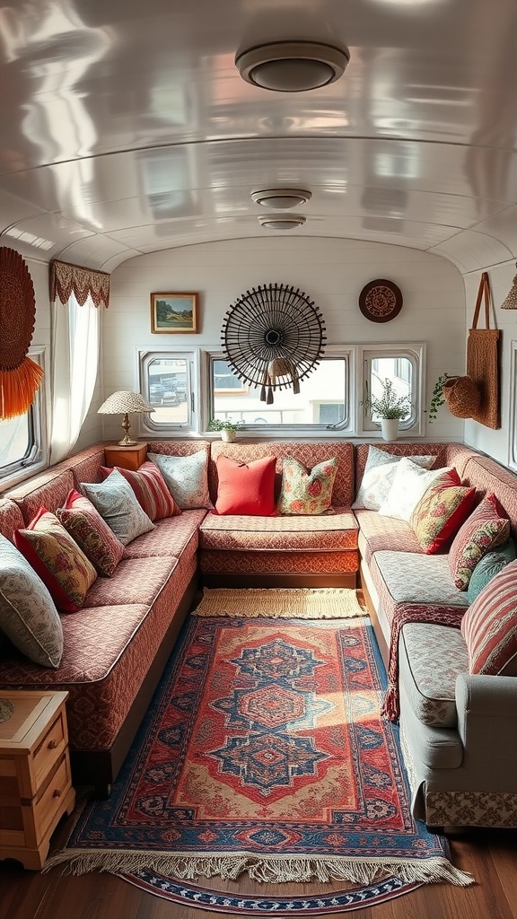 Cozy trailer house living room with eclectic patterns