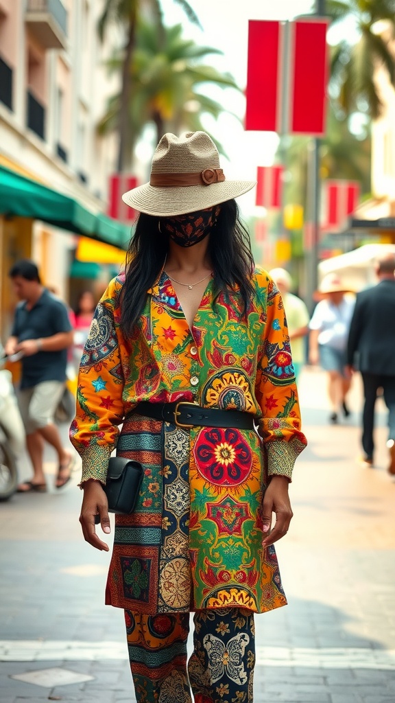 A model wearing a colorful patterned outfit and a wide-brimmed hat, walking in a lively street.