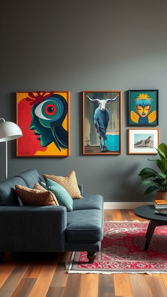 A living room featuring a dark gray couch, colorful artwork on the wall, and decorative pillows.