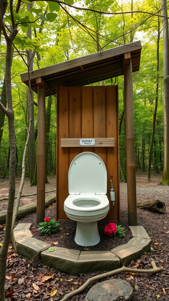 Eco-friendly composting toilet in a forest setting, surrounded by trees and flowers.