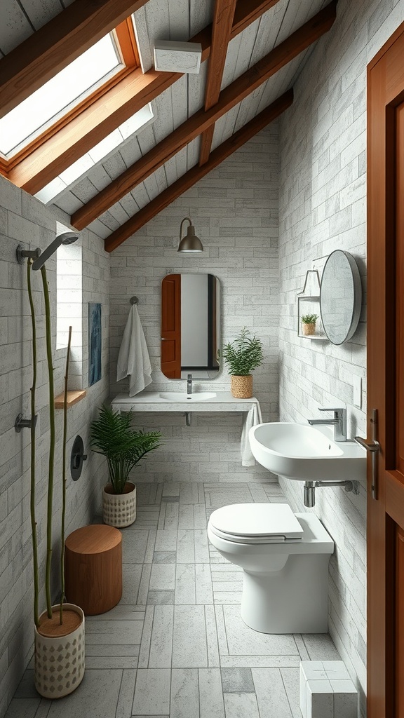 Small bathroom with slanted ceiling featuring eco-friendly materials and plants.