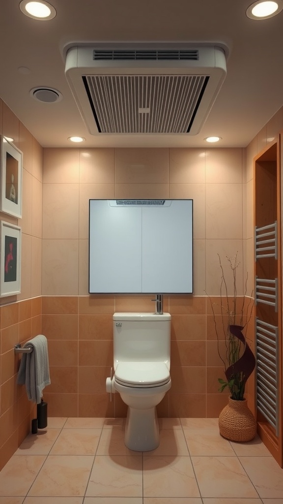 A modern bathroom with efficient ceiling ventilation, warm lighting, and elegant decor.