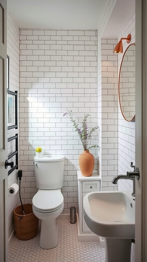 A minimalist small bathroom featuring white subway tiles, a terracotta vase, and simple fixtures.