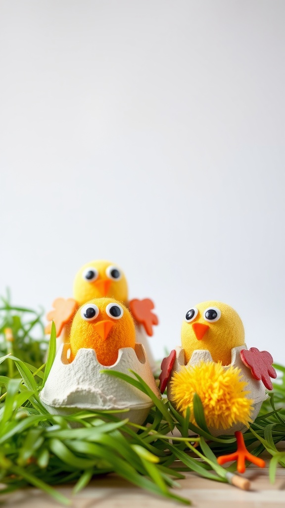 Colorful egg carton chicks with googly eyes and fluffy bodies on a bed of green grass.