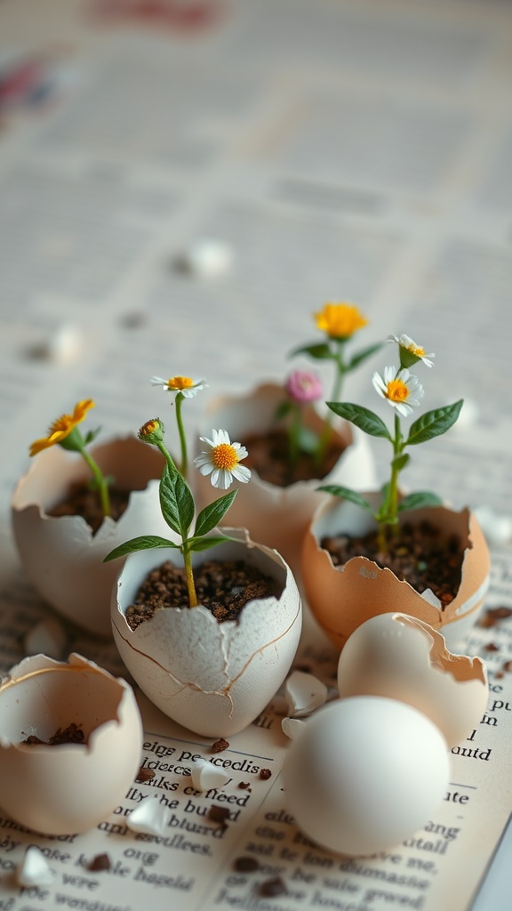 Eggshell planters with tiny flowers sprouting from them on a background with text.