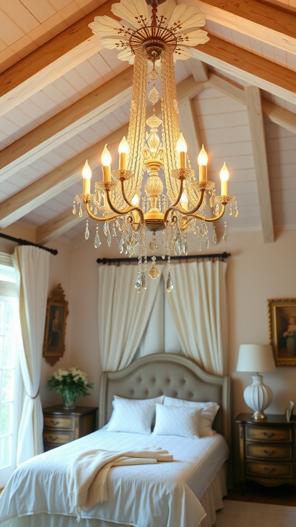 Elegant chandelier hanging in a cozy French cottage bedroom with a bed and soft decor.