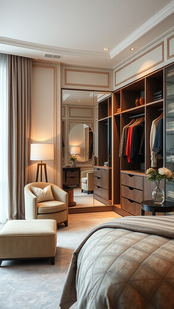 Elegant corner dressing area with a built-in wardrobe, a cozy chair, and a mirror.